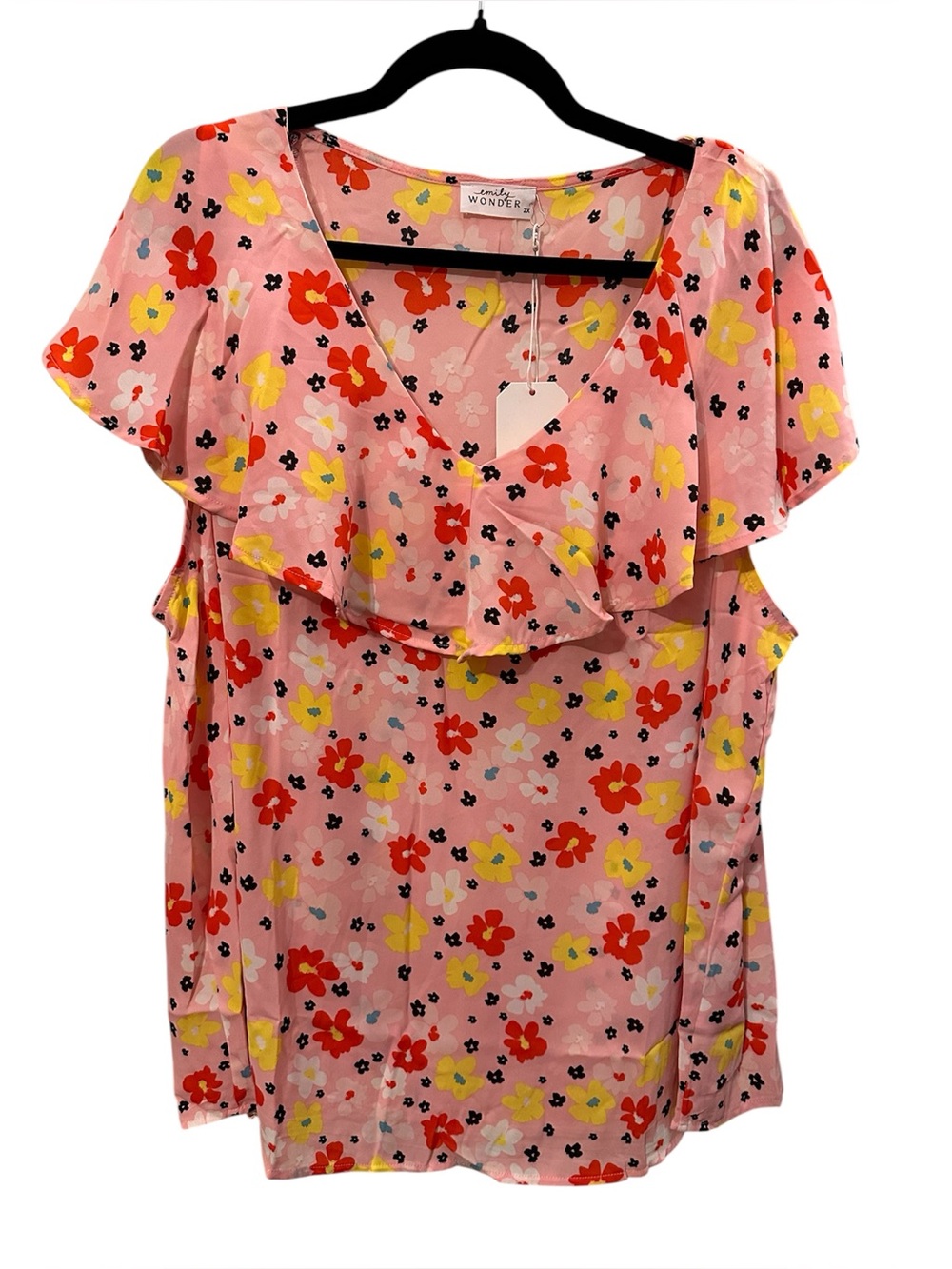 Pink Floral Ruffle V-Neck Blouse 3X with Flutter Sleeves by Emily Wonder.